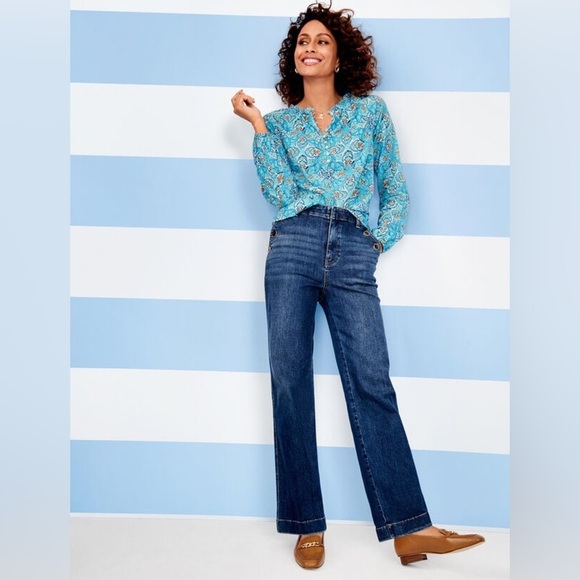 Talbots Women’s Blue and Brown Print Long Sleeve Lightweight Cotton Top … - Picture 2 of 10